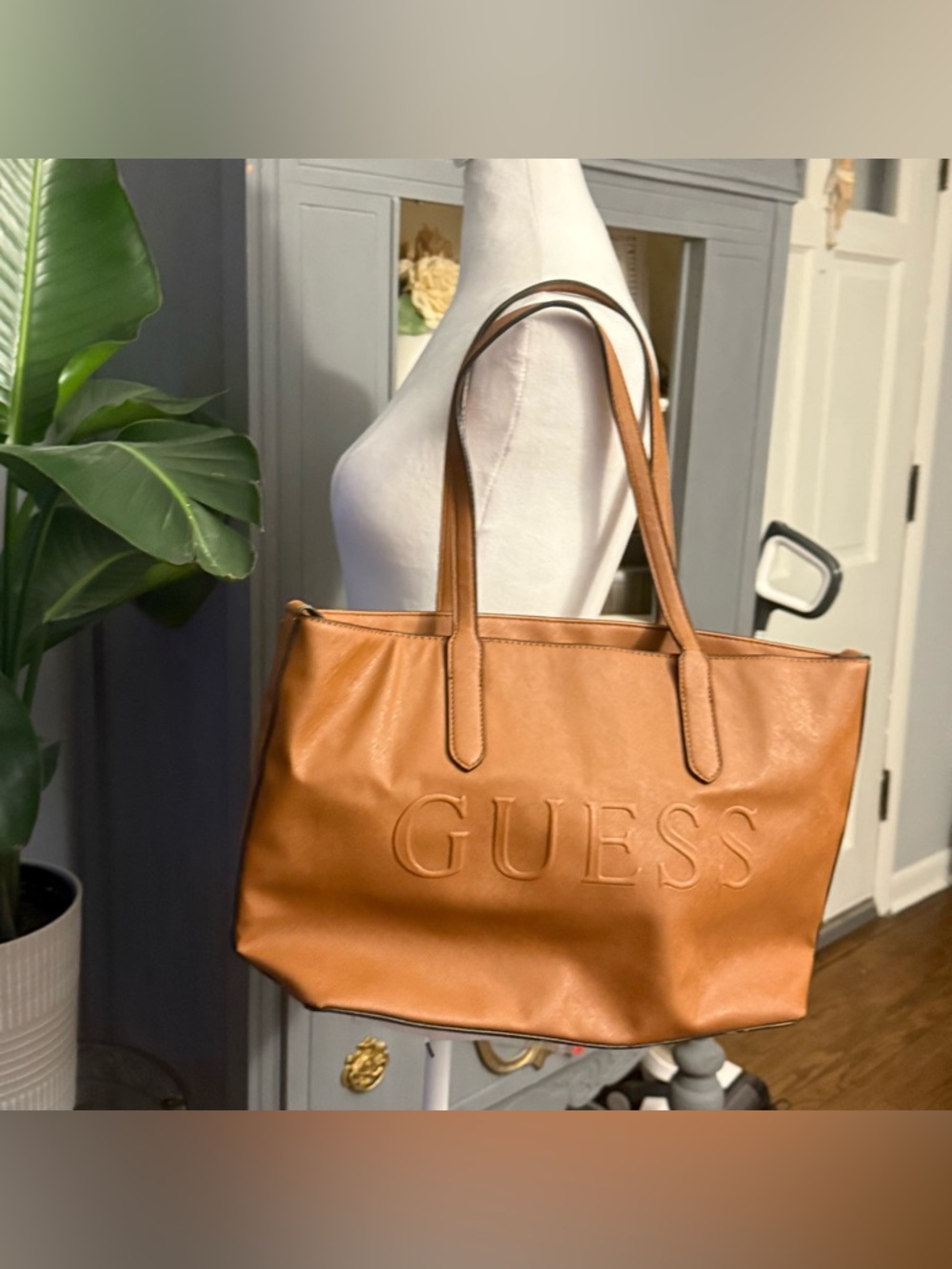 GUESS Cognac Brown Embossed Logo Tote